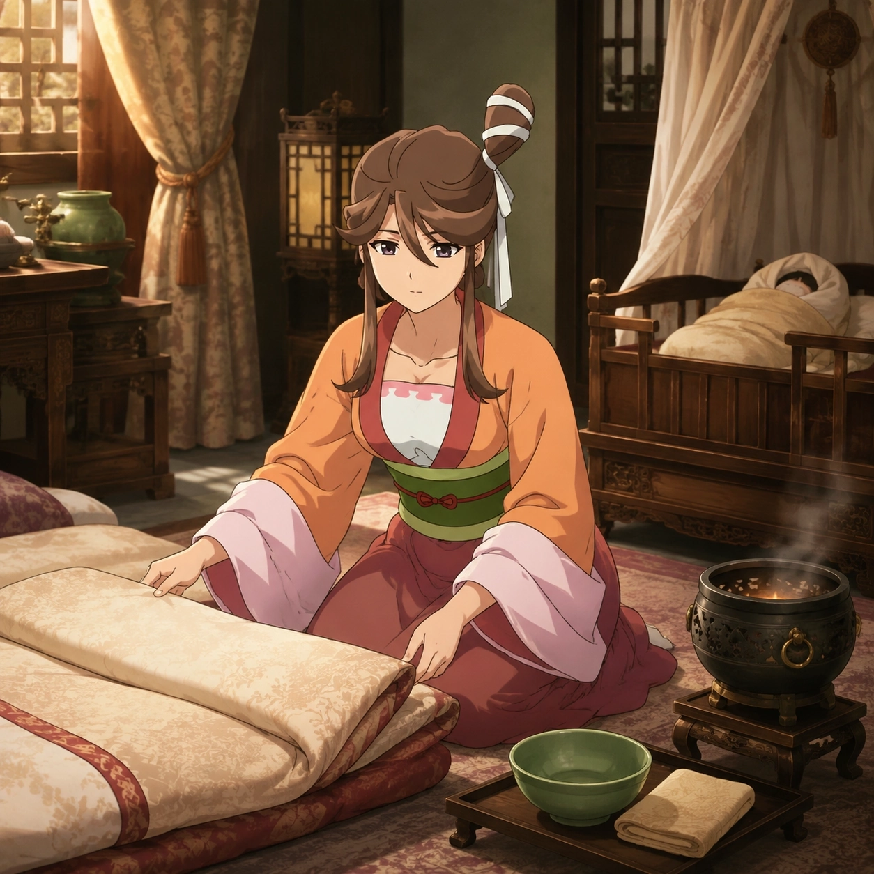Baiyu preparing a palace room while a swaddled imperial child rests nearby