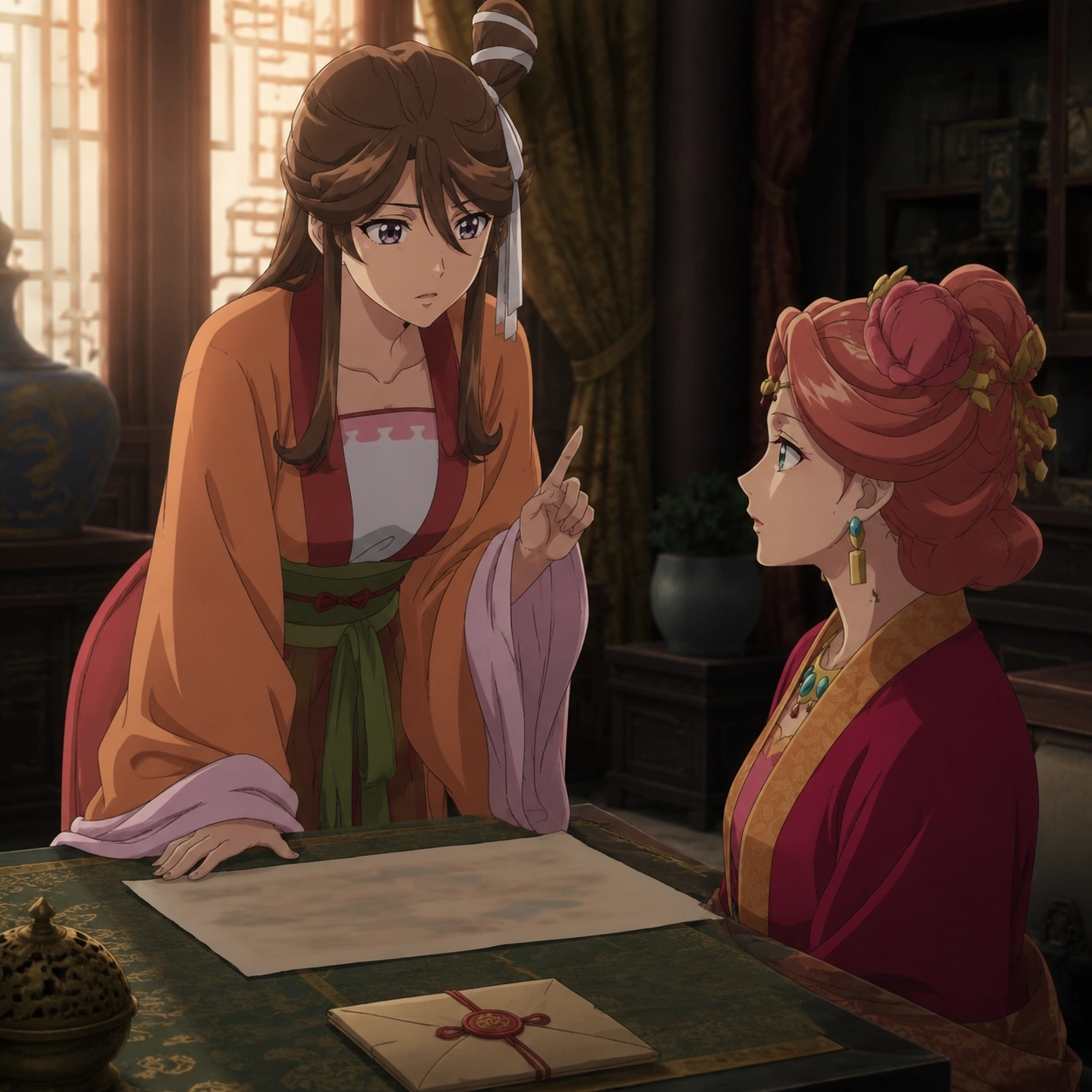 Baiyu warning Gyokuyou beside a sealed letter and an unlabeled western map