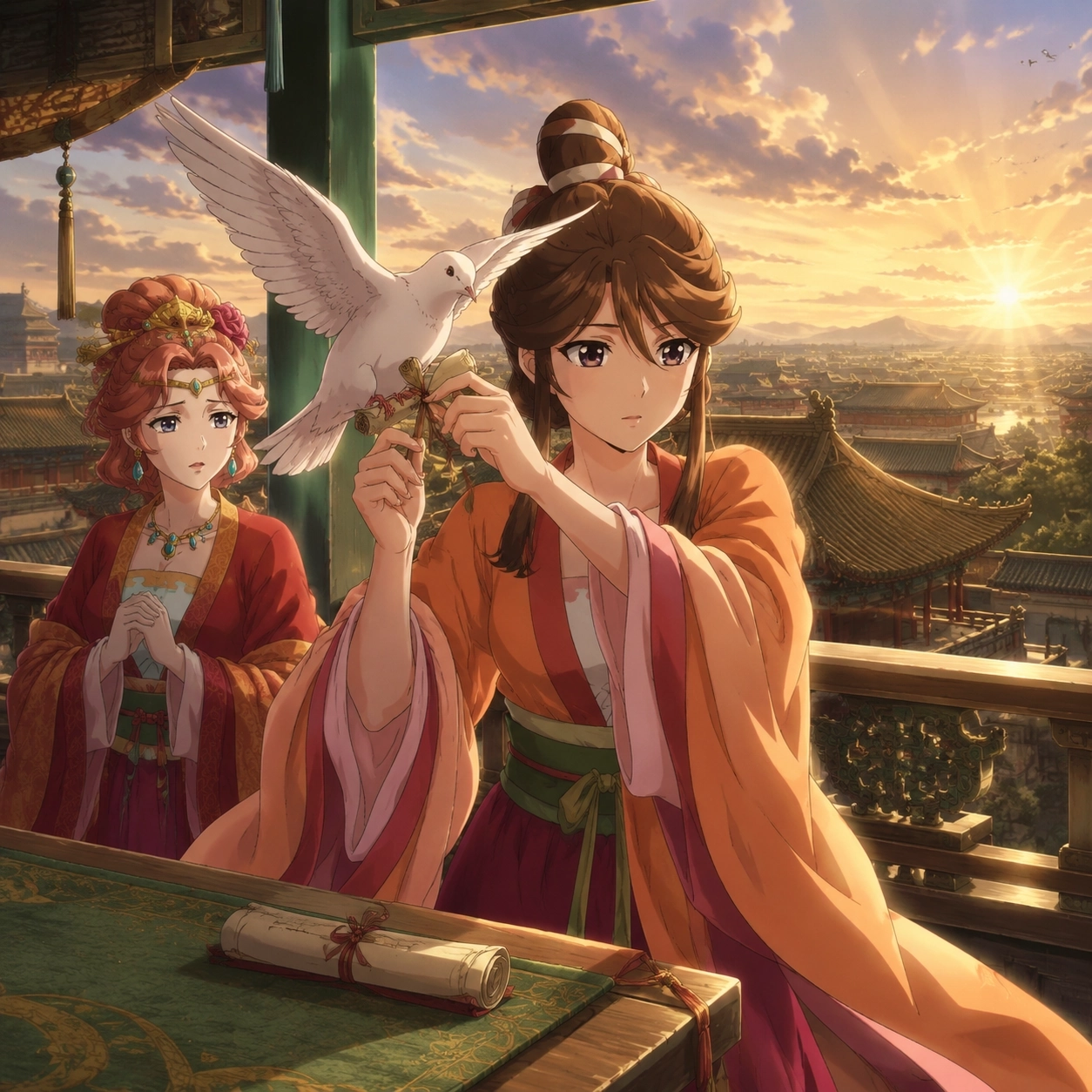 Baiyu and Gyokuyou sending a sealed message by pigeon toward the western region
