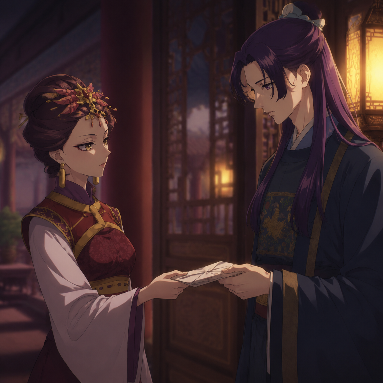 Loulan personally handing a folded warning note to Jinshi