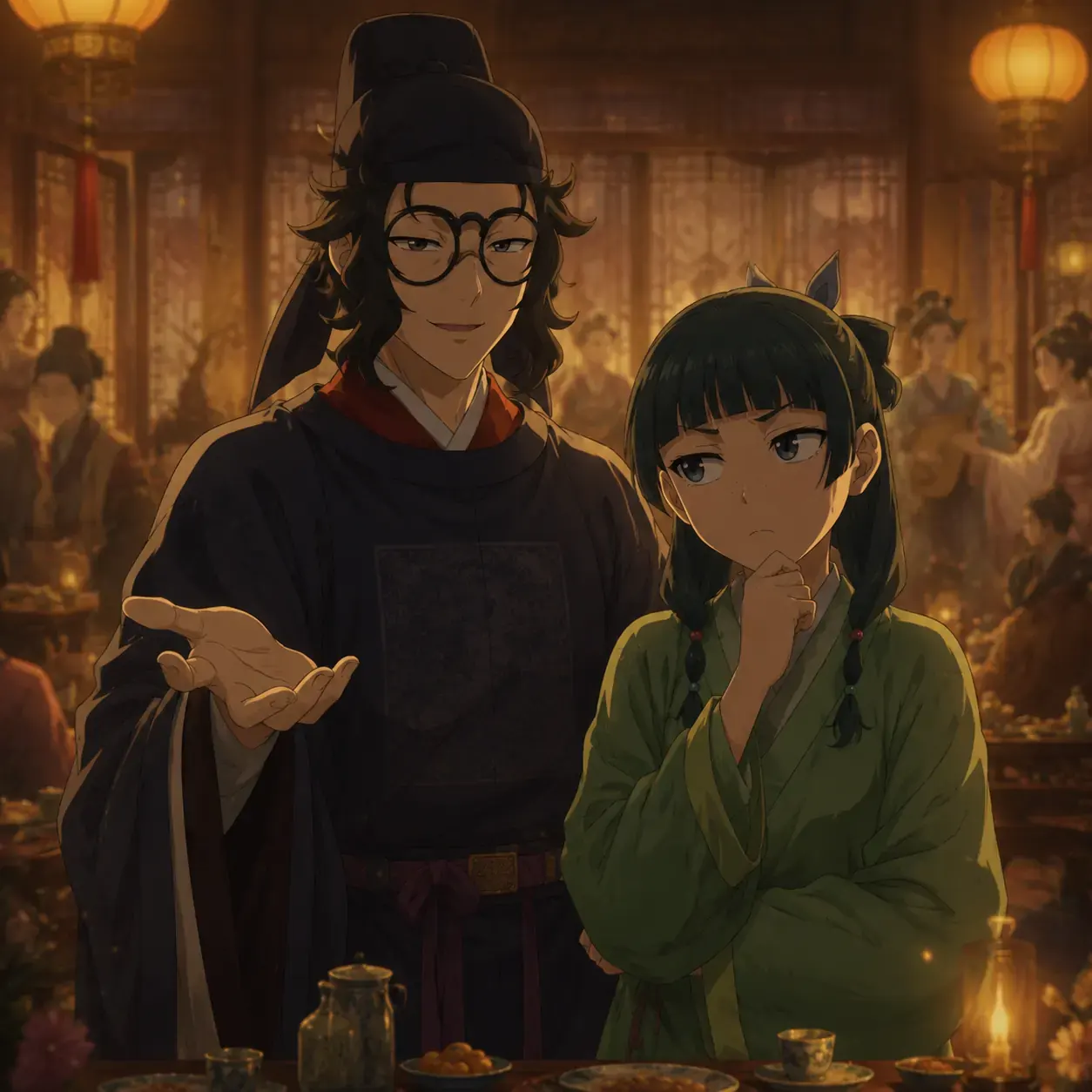 Maomao judging Lahan's family-cover strategy during the Volume 5 western banquet