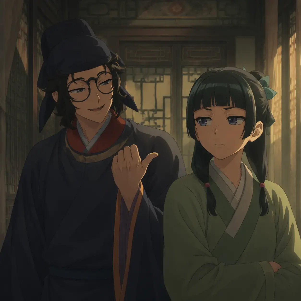 Lahan jokingly treating Maomao as his sister while Maomao keeps emotional distance