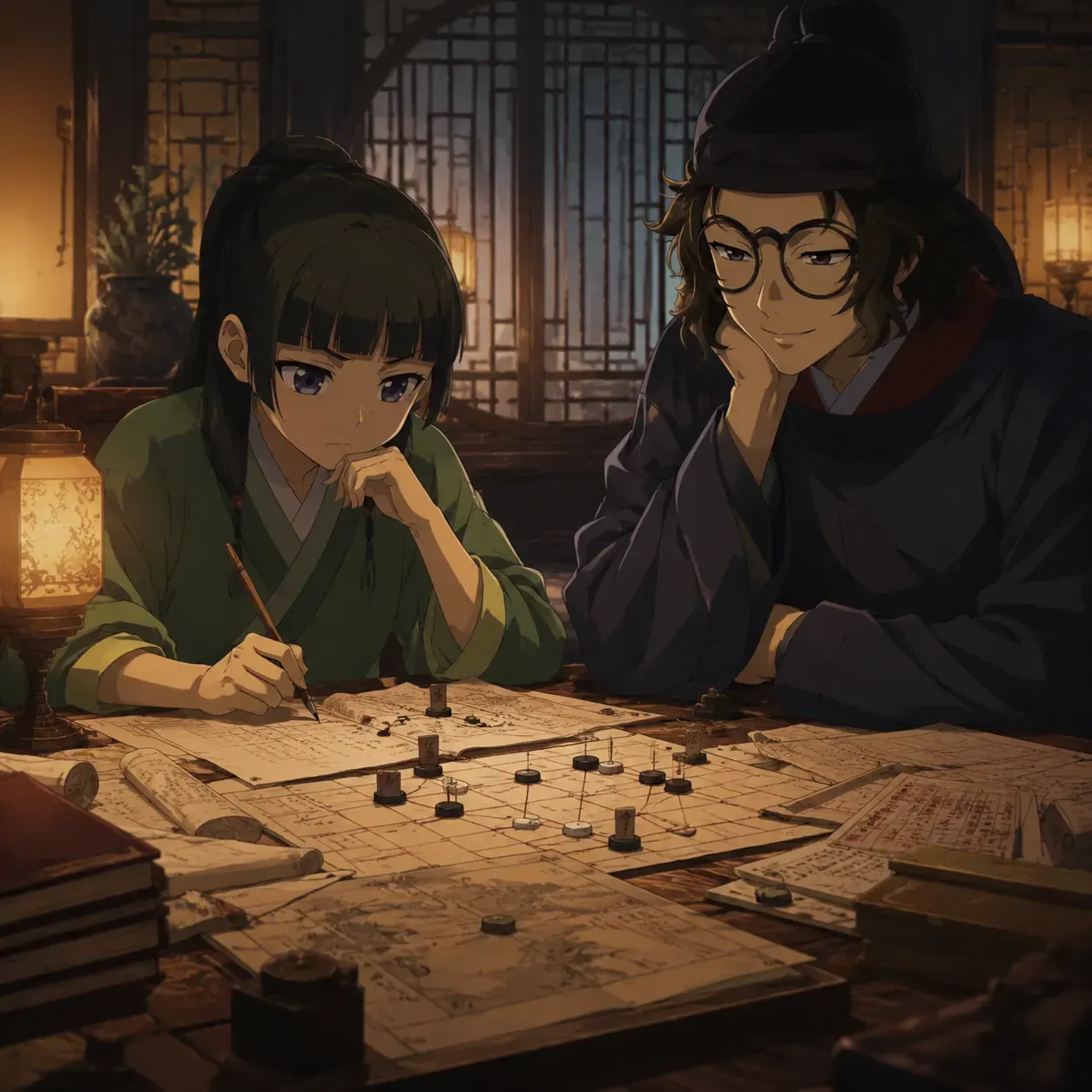 Maomao and Lahan reading La family evidence during the Volume 6 estate incident