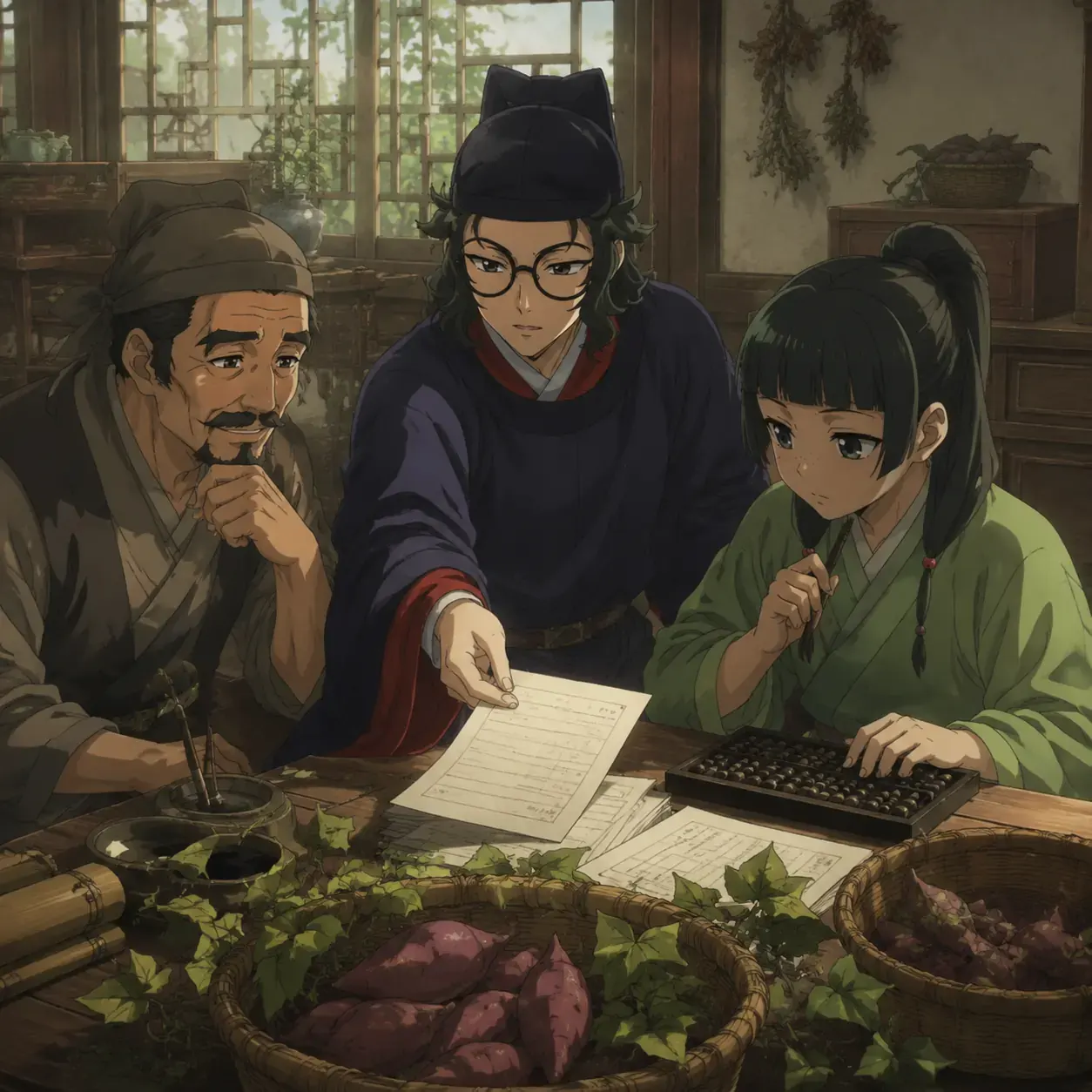 Maomao writing contract terms for Lahan's sweet potato deal with his father