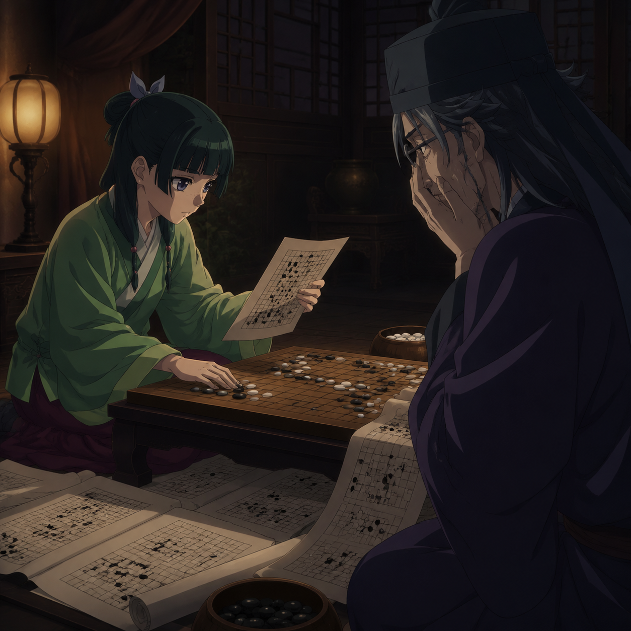 Maomao replaying Fengxian's Go records to reach Lakan in The Apothecary Diaries Volume 6