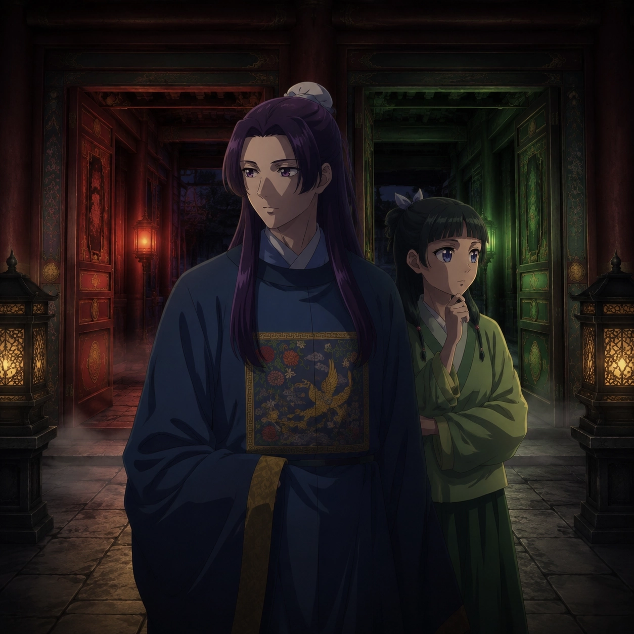 Jinshi and Maomao approaching the Shrine of Choosing and its ceremonial route