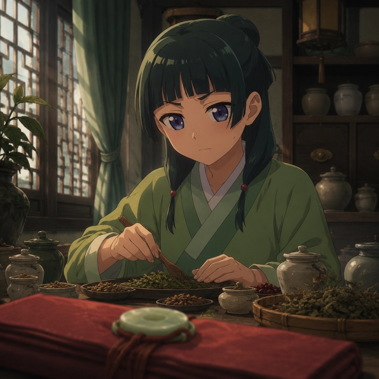 Maomao examining medicine tools beside a sealed imperial document