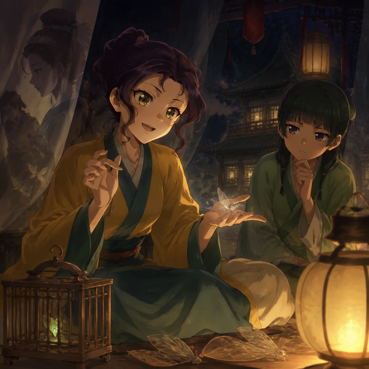 Shisui telling a lantern-lit ghost story about insects while Maomao listens