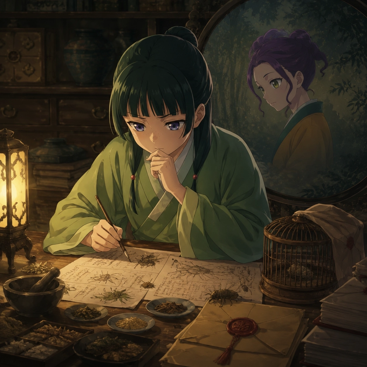 Maomao studying insect sketches, herbs, and sealed notes while Shisui appears as a memory