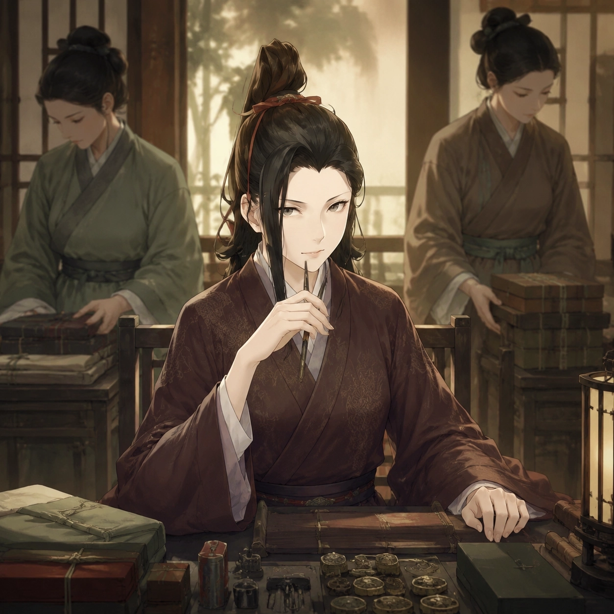 The Ma clan women managing household records and continuity in a symbolic editorial illustration