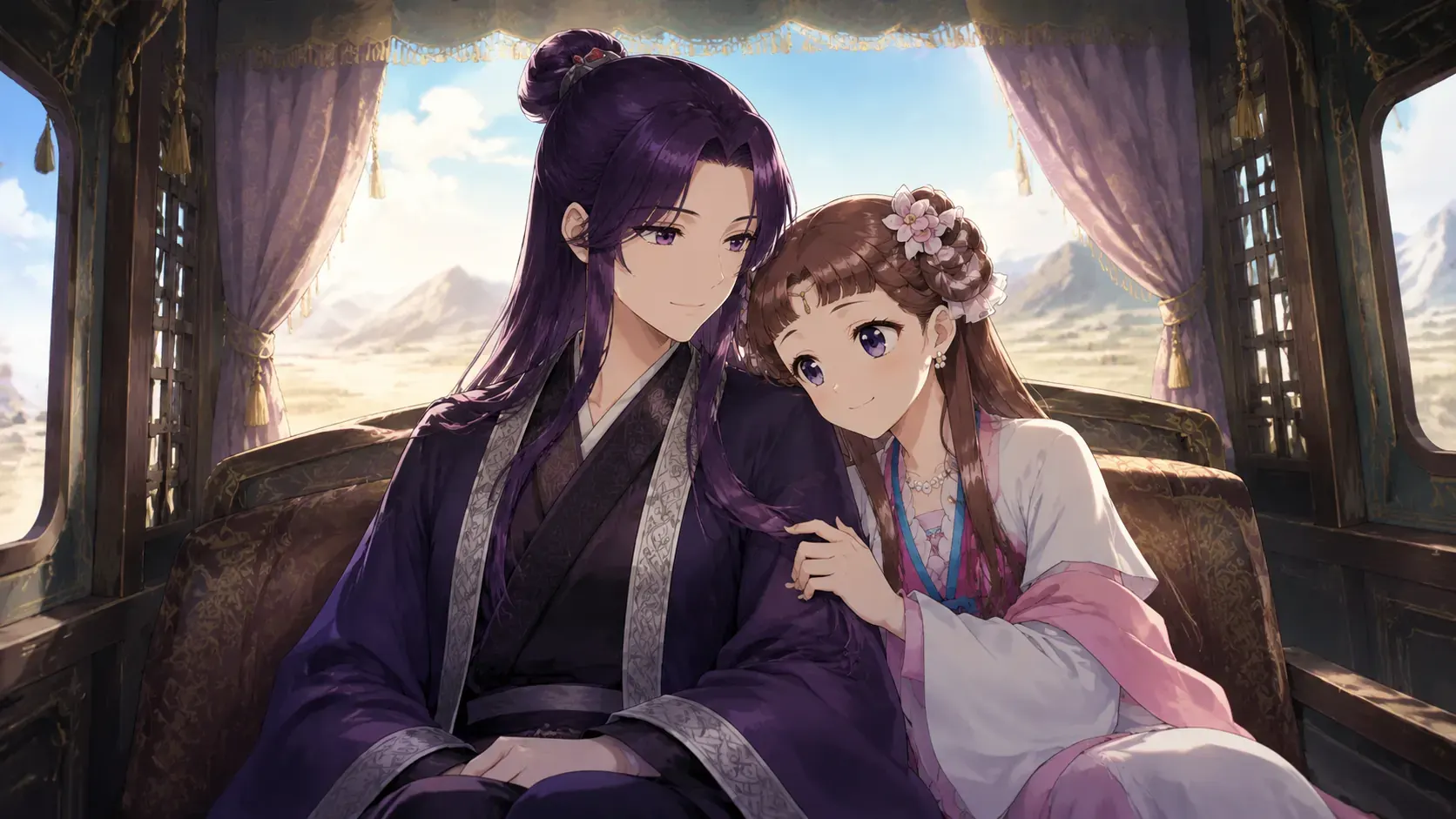 Ah-Duo and Lishu sitting together inside a carriage in a relationship analysis image