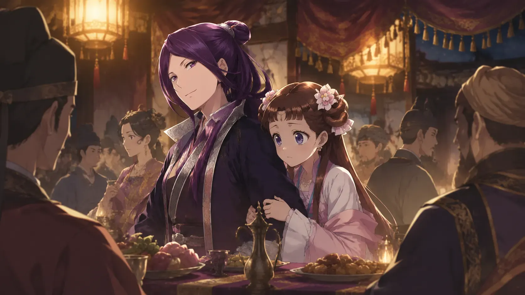 Ah-Duo standing protectively with Lishu at the western banquet in coordinated clothing