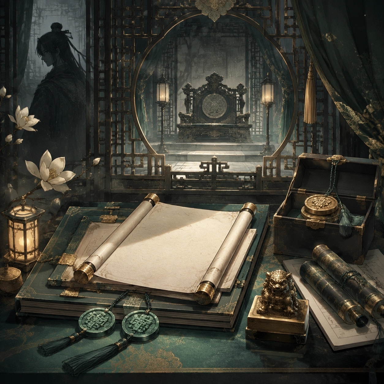 Sealed palace records, Ma clan guard tokens, and a screened throne symbolizing trust and silence