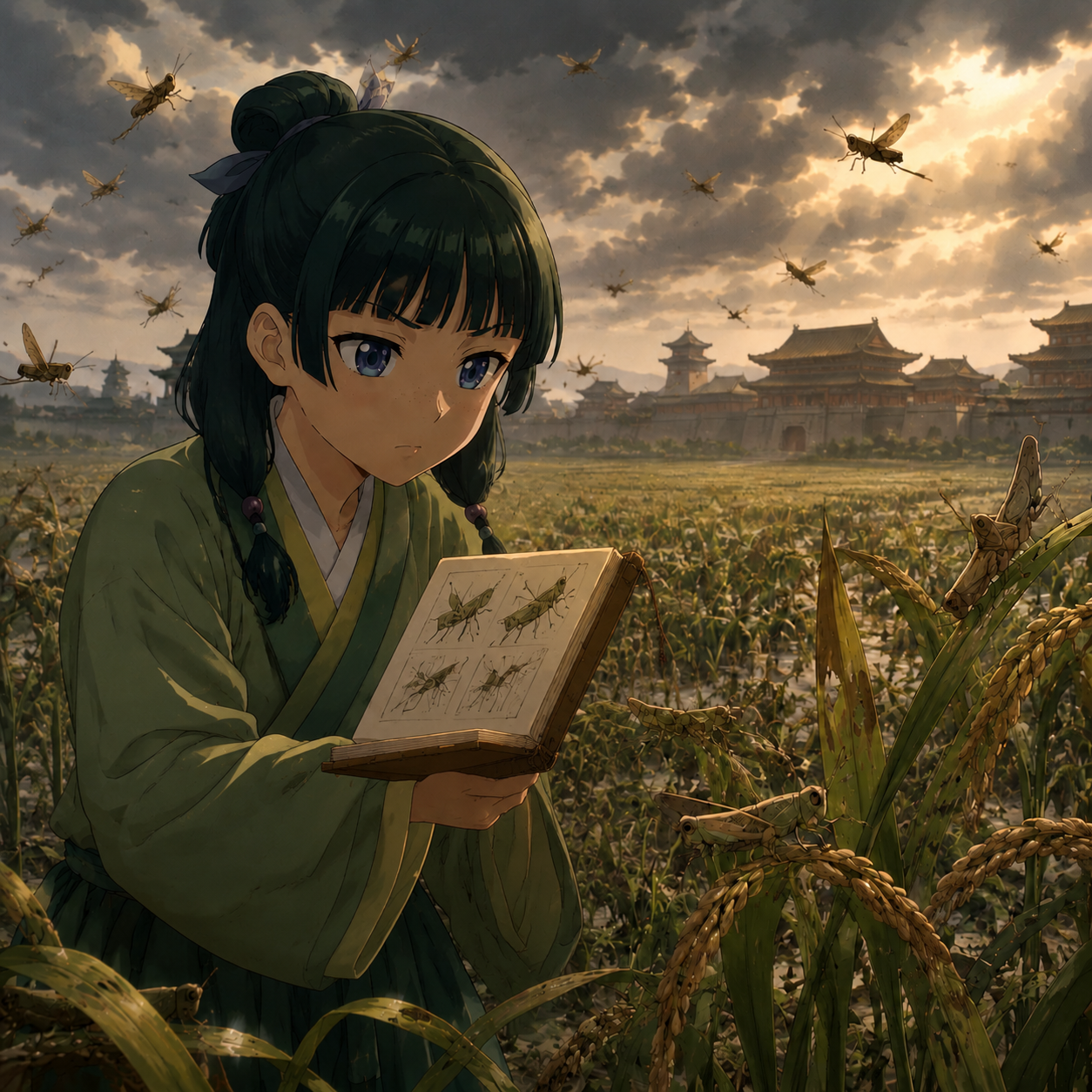 Maomao tracing Shisui's leftover clues through an insect field guide