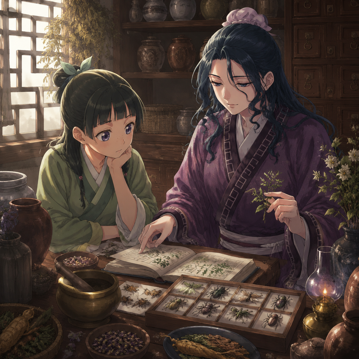 Suirei and Maomao continuing the medicinal knowledge connected to Shisui's legacy