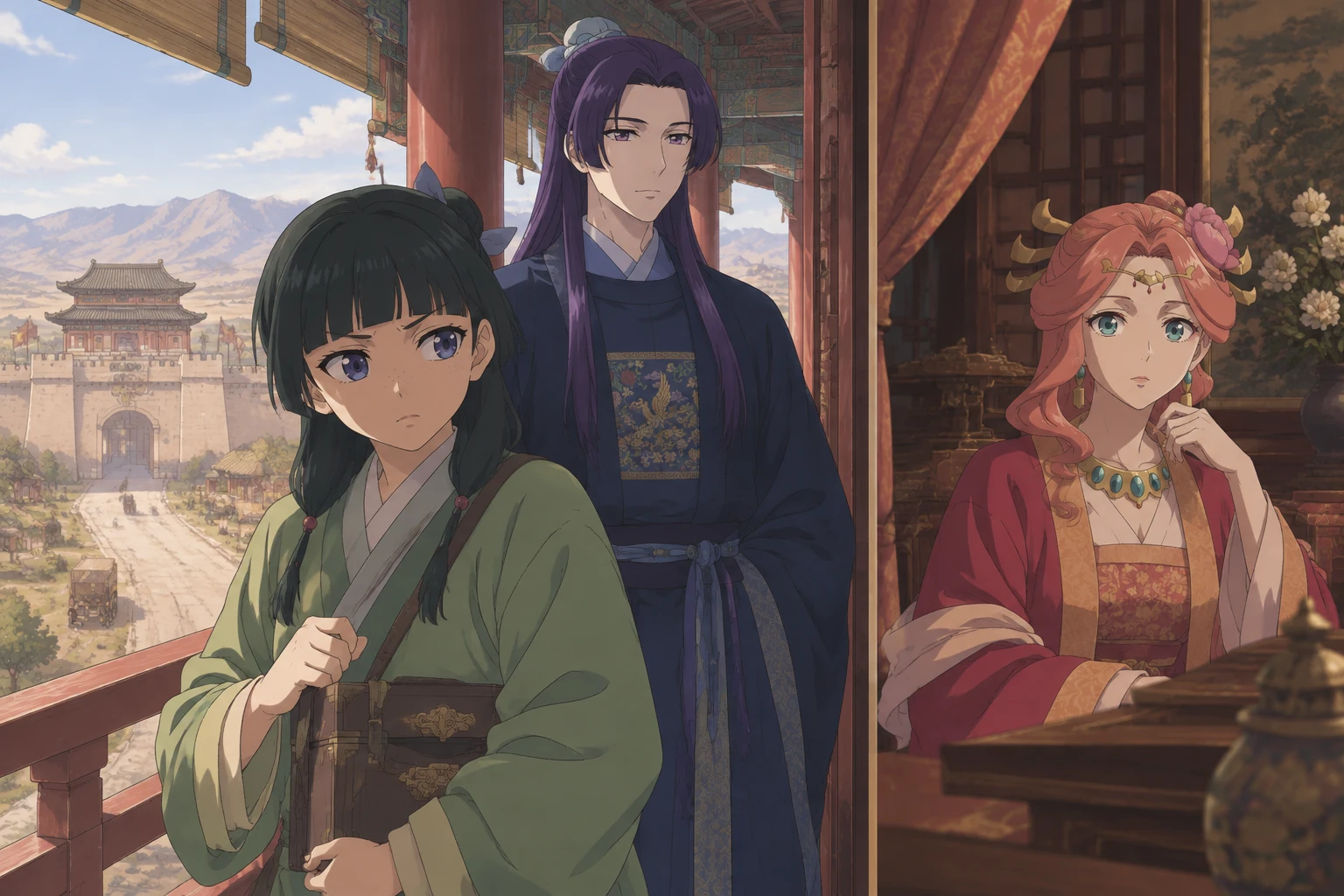 Maomao and Jinshi beside a palace corridor overlooking a western city, with Gyokuyou in a separate palace scene.