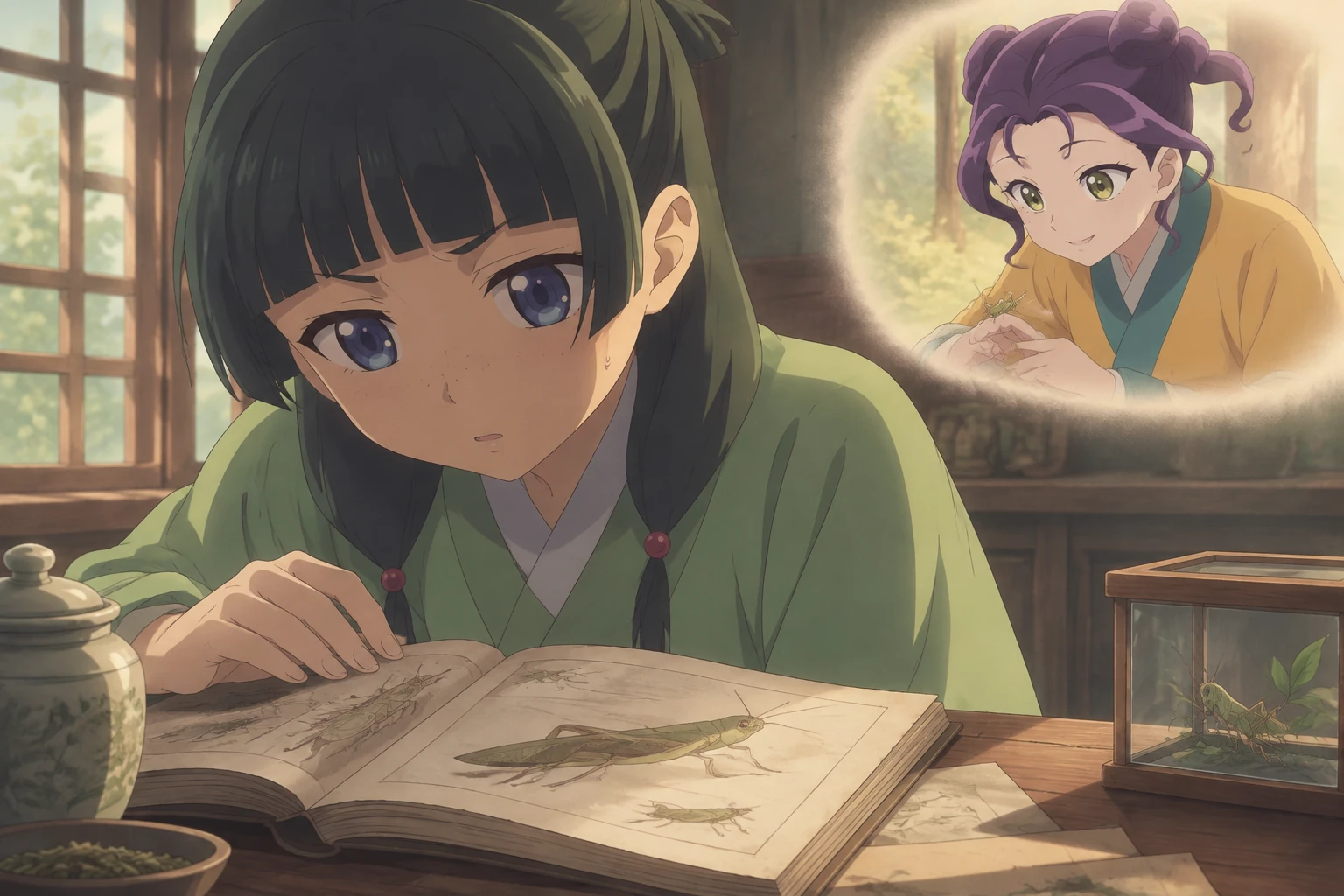 Maomao studies an illustrated insect book while a separate memory vignette shows Shisui holding an insect.