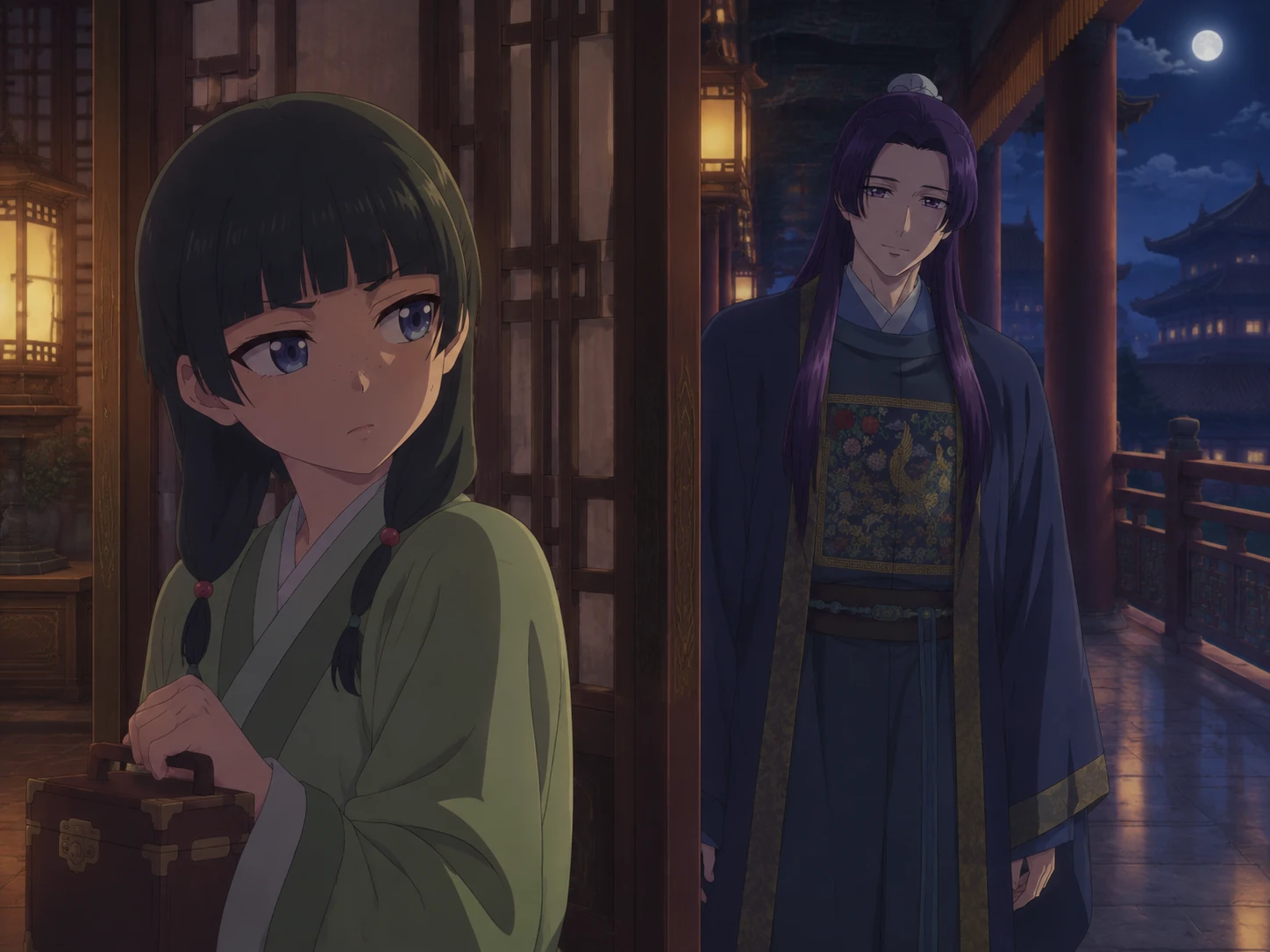 Maomao holds her medicine box near a wooden screen, with Jinshi standing apart in a moonlit palace corridor.