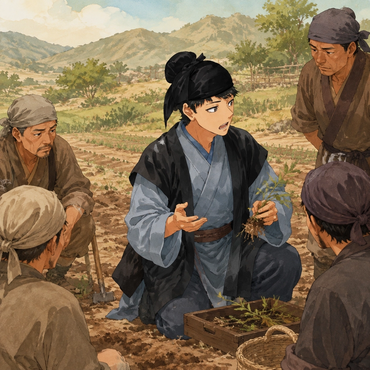 Junjie teaching western farmers how to cultivate a resilient food crop