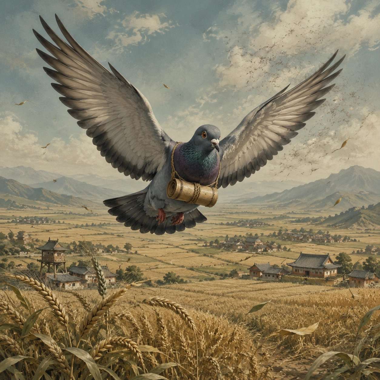 A messenger pigeon carrying an early warning over western fields before the locust swarm