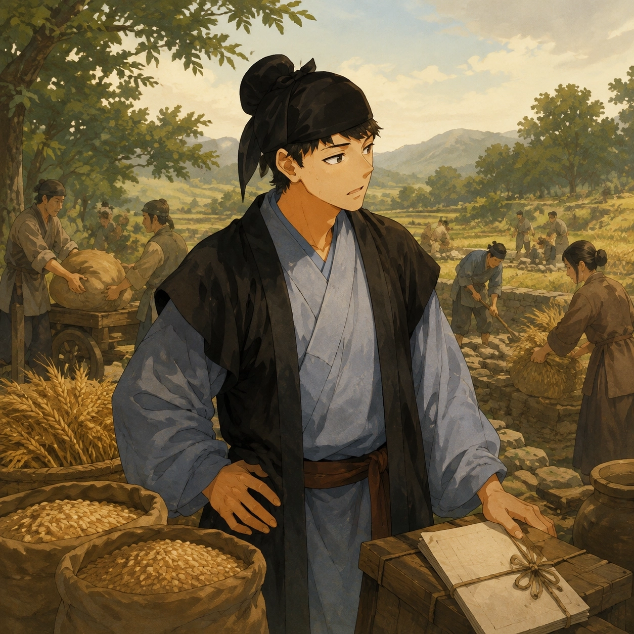 A later record remembering Junjie's western disaster-relief work beside a surviving harvest
