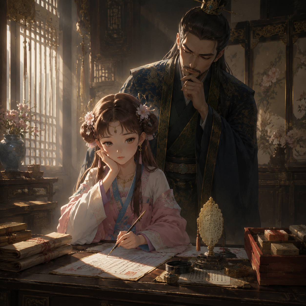 Lishu and her father in an original palace politics illustration for The Apothecary Diaries analysis