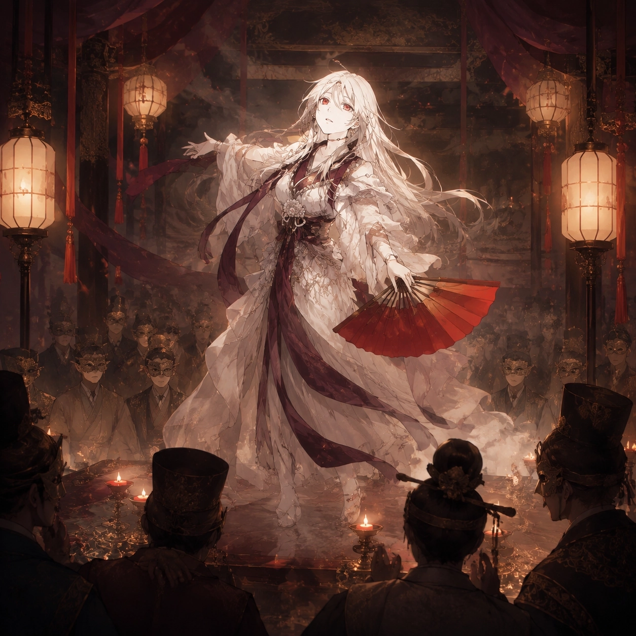 White Fairy performing on a smoky stage before masked nobles