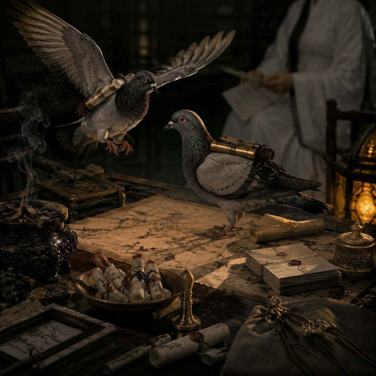 Carrier pigeons and sealed cords suggesting White Fairy's hidden message network