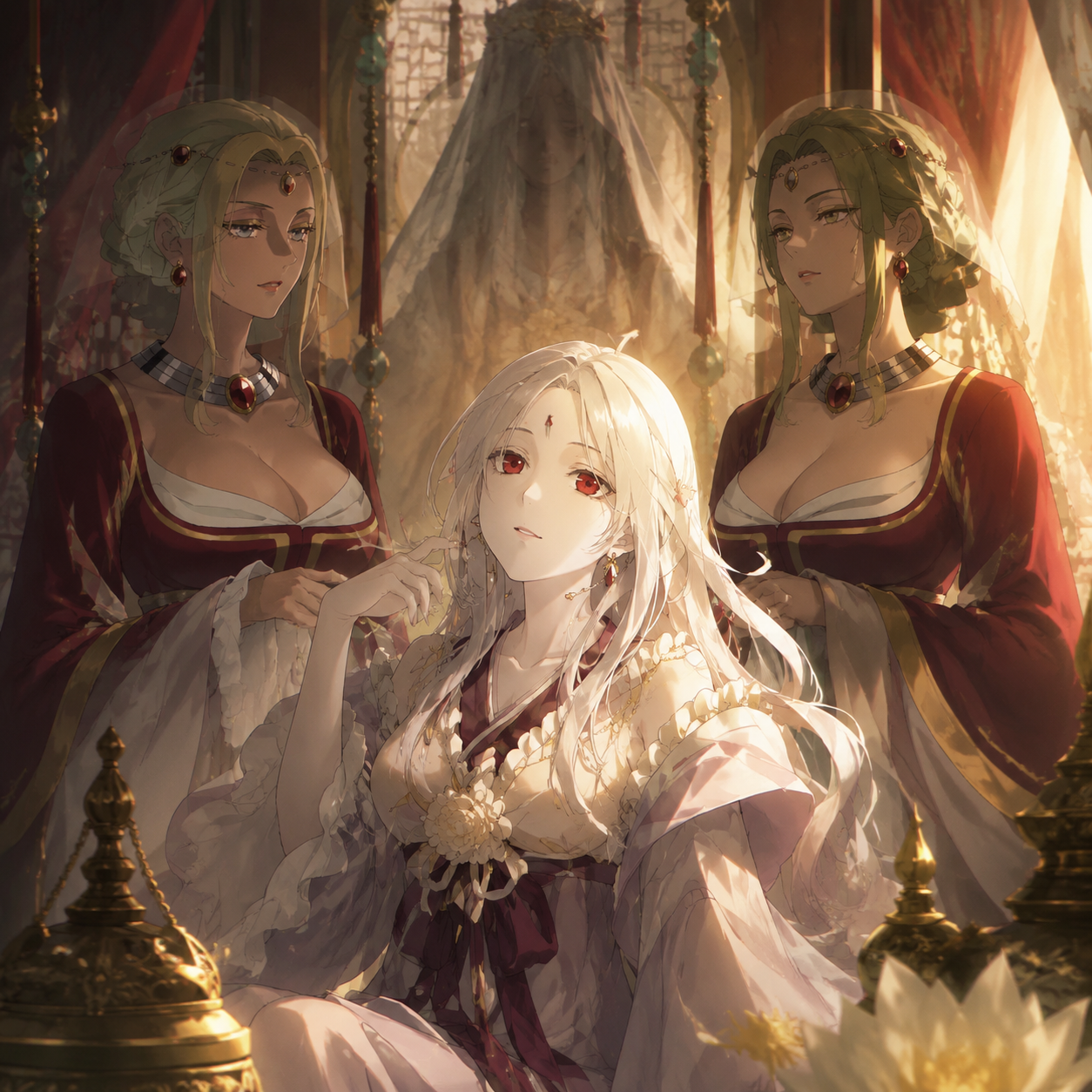 Shaoh envoys and a white priestess silhouette behind White Fairy's political reveal