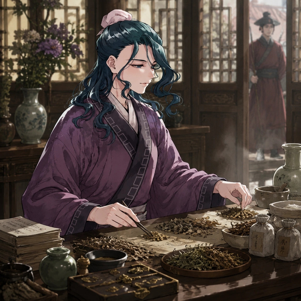Suirei working with herbs under quiet supervision in Ah-Duo's household