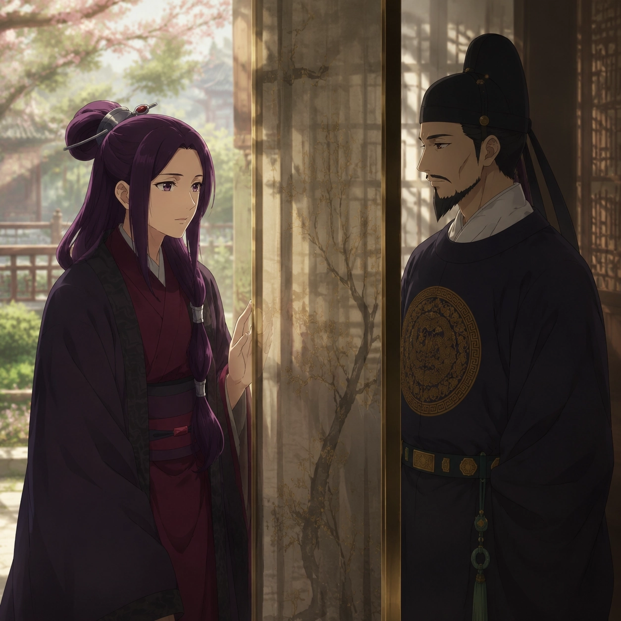 Ah-Duo and the Emperor standing as childhood friends separated by a ceremonial screen