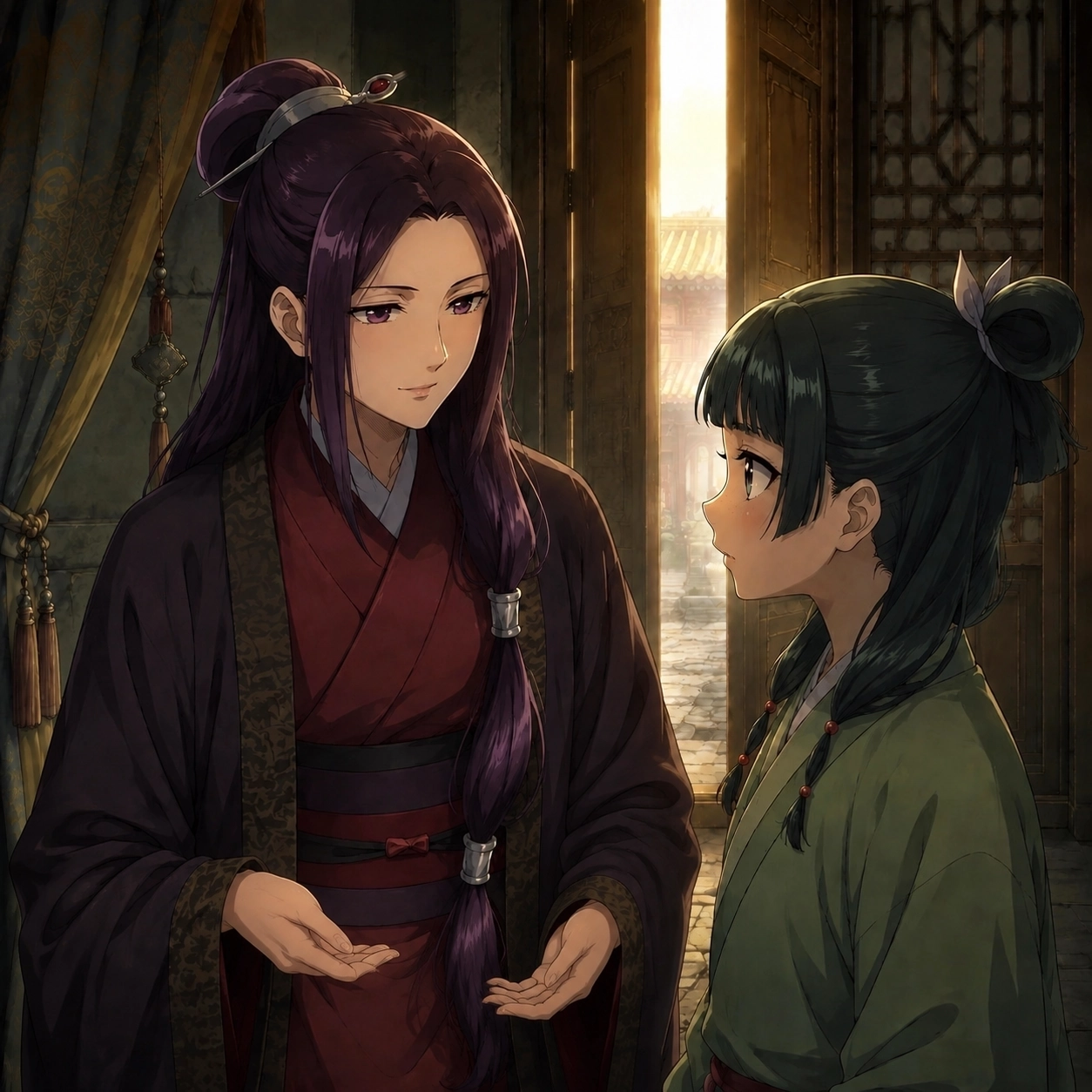 Ah-Duo speaking quietly to Maomao beside a narrow palace exit