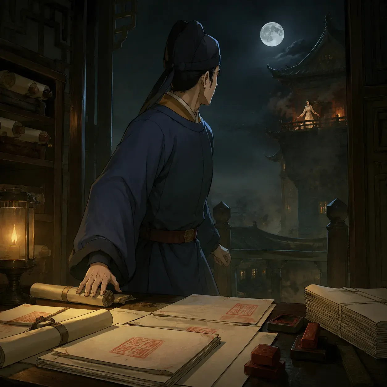 Original editorial image showing court protocol papers beside a guard post and Lishu's tower