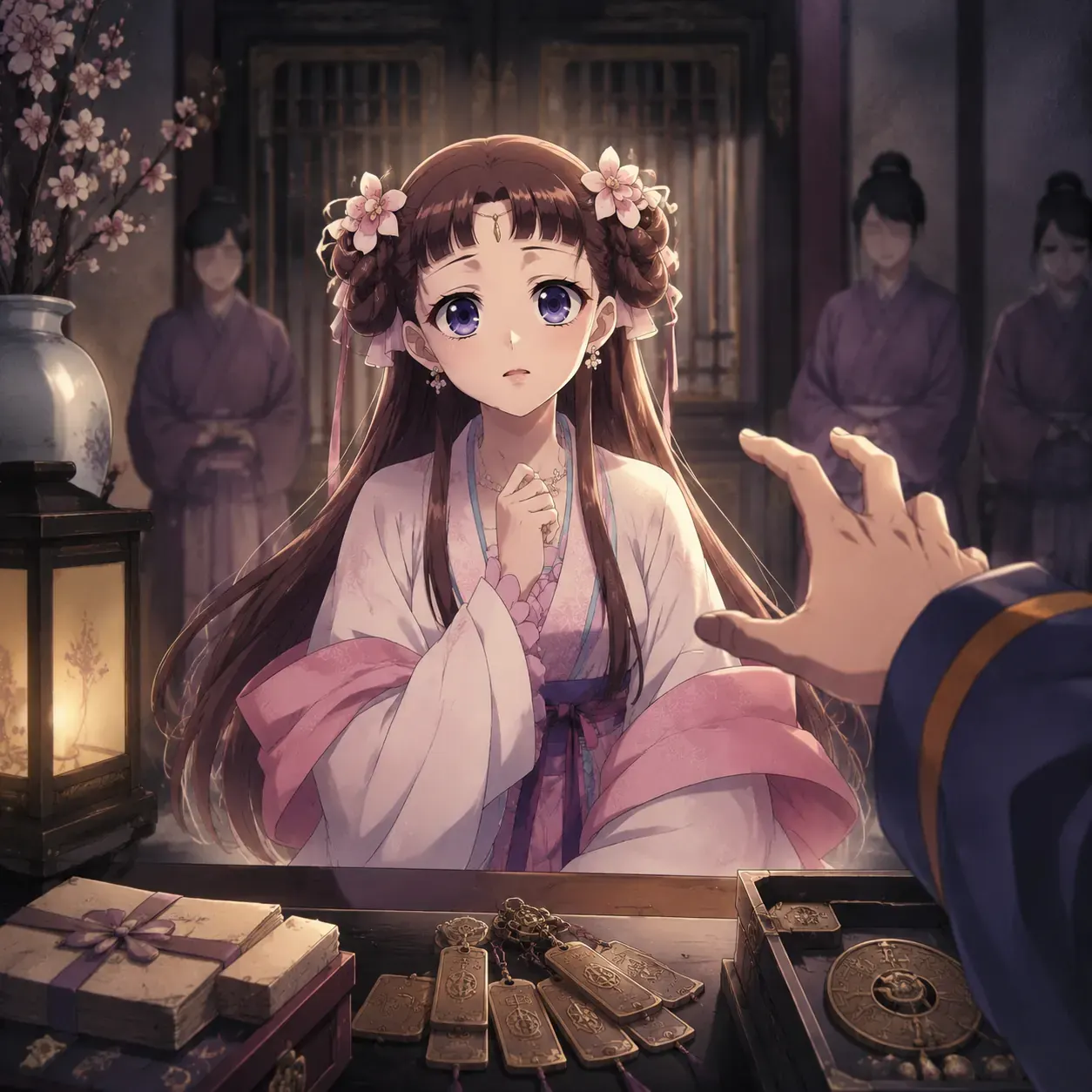 Original editorial image of Lishu caught between family papers, palace rank, and Basen's outstretched hand