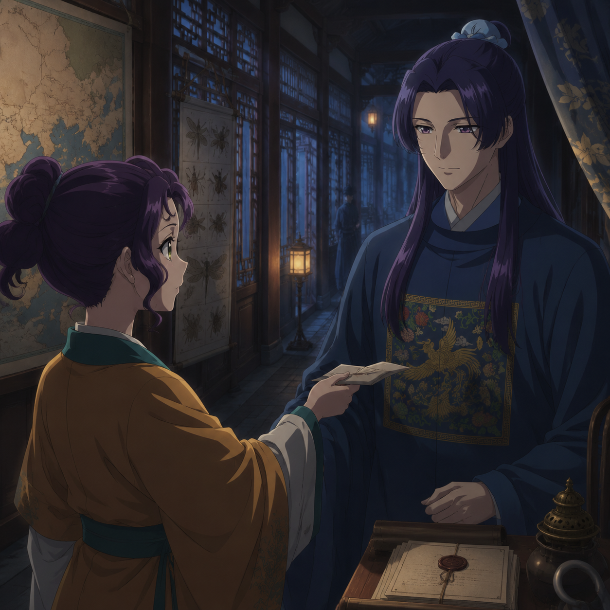 Loulan/Shisui handing Jinshi a folded warning note with palace screens and western map clues