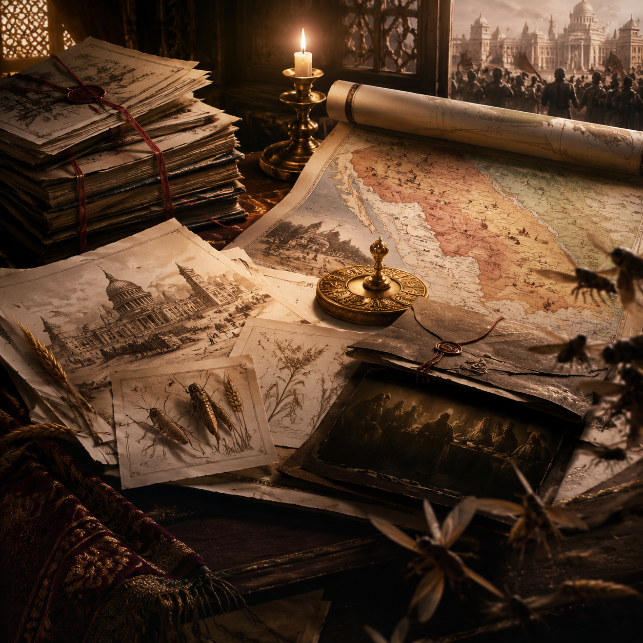 Western Capital reports, insect sketches, and travel records arranged beside a palace seal