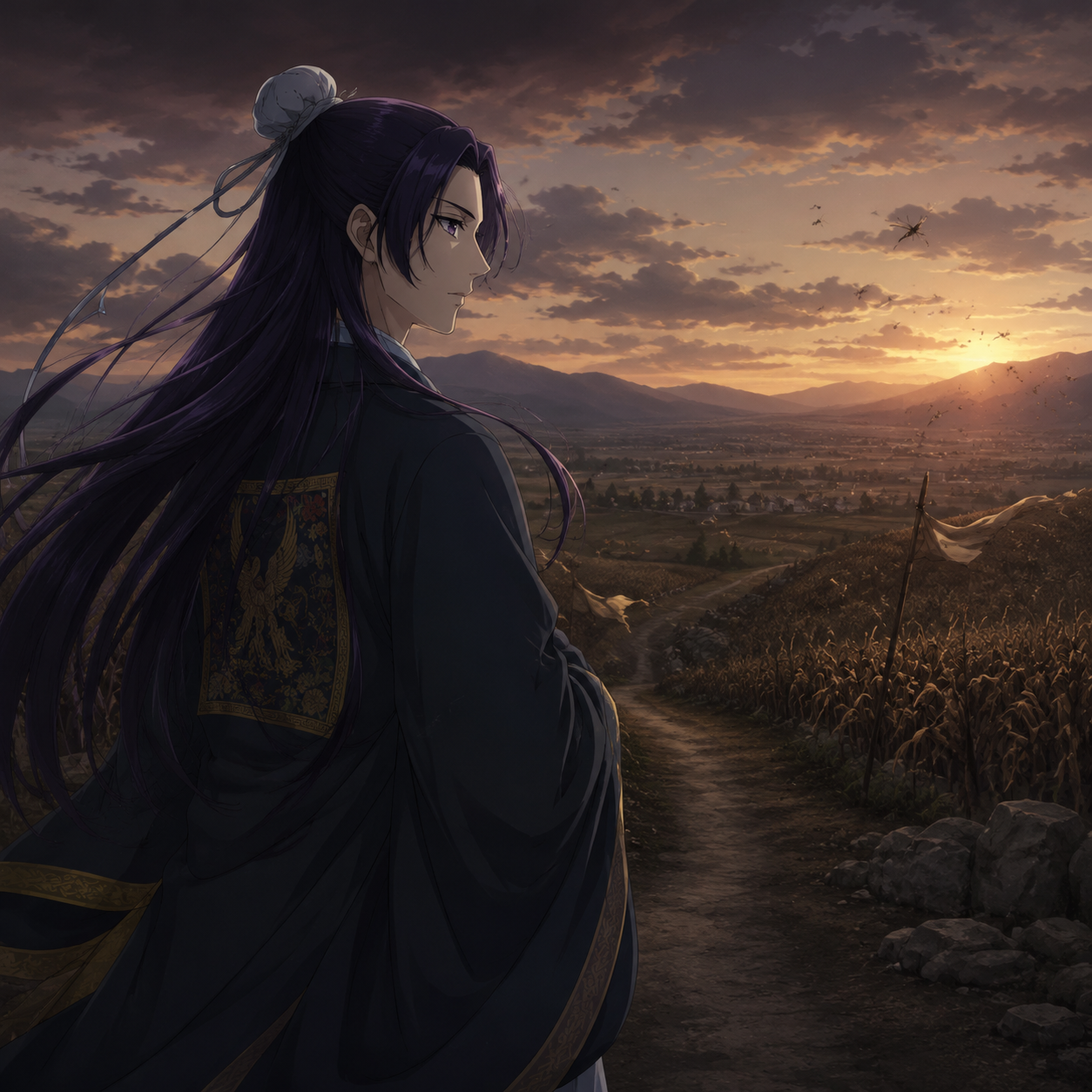 Jinshi facing the western road as locust shadows cross distant fields