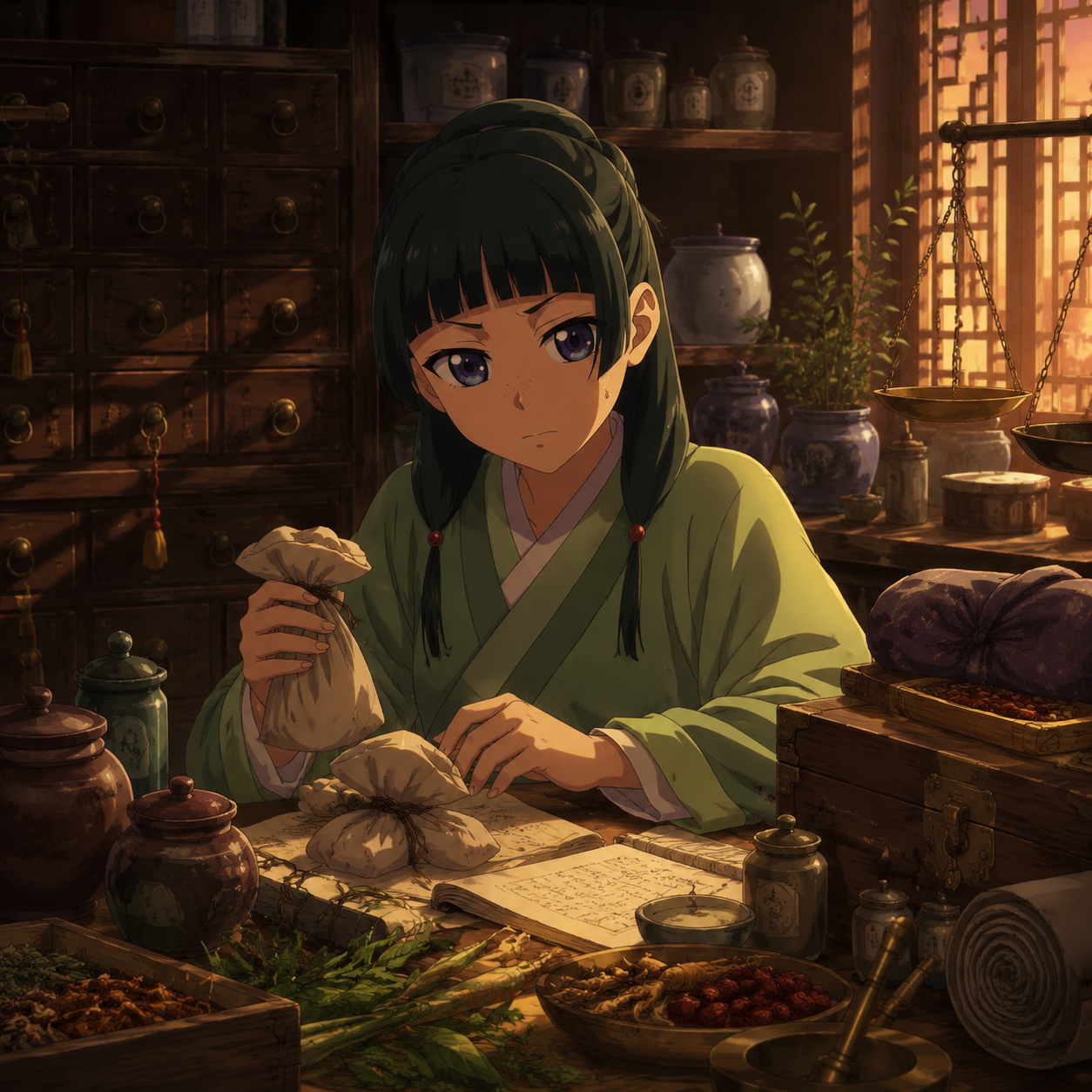 Maomao arranging medicine notes and pharmacy supplies before Jinshi's westward trip