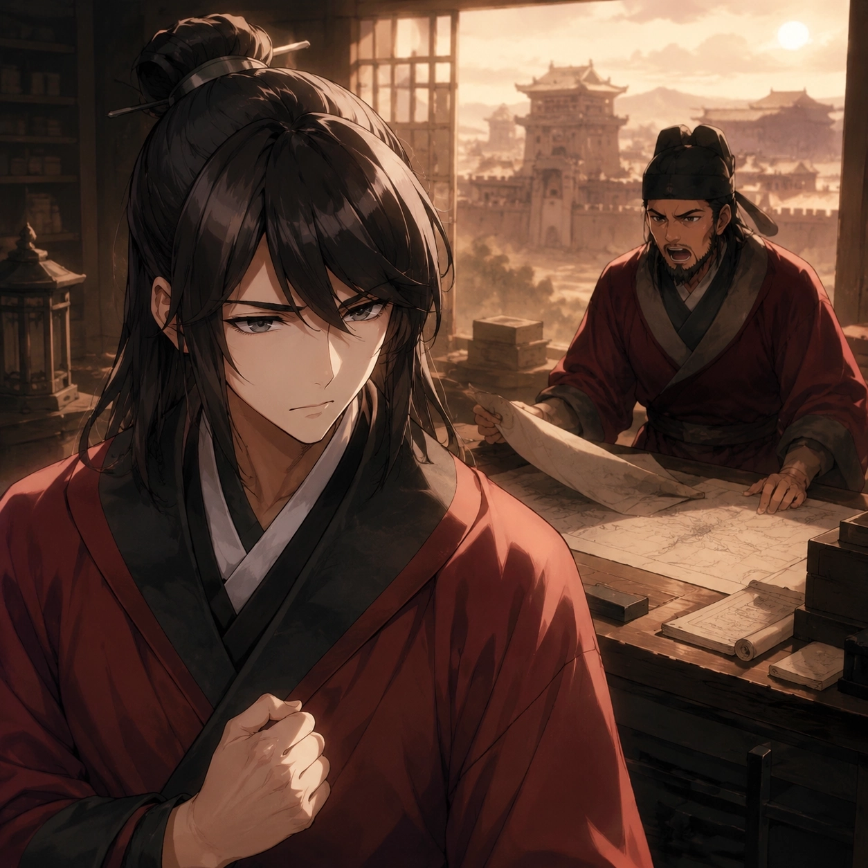 Rikuson weighing Yuying's war plan against the safety of the Western Region