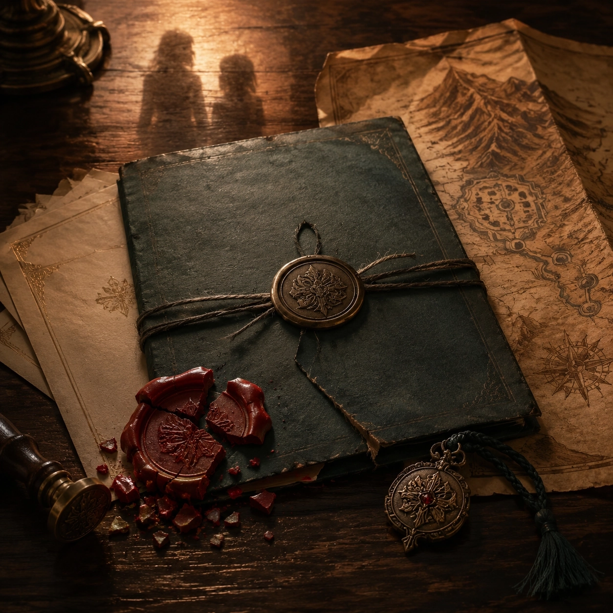 Original editorial image of a sealed family record, a broken household seal, and a Western Capital map