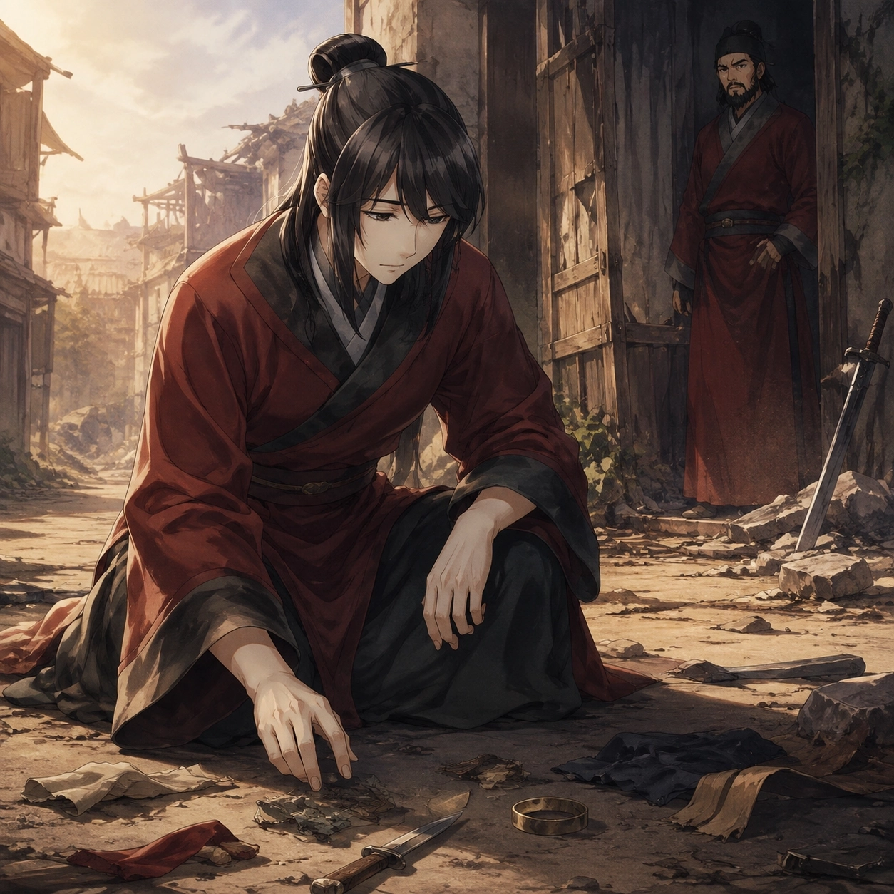 Original editorial image of Rikuson placing a farmer's knife beside Yuying's sword after the confrontation