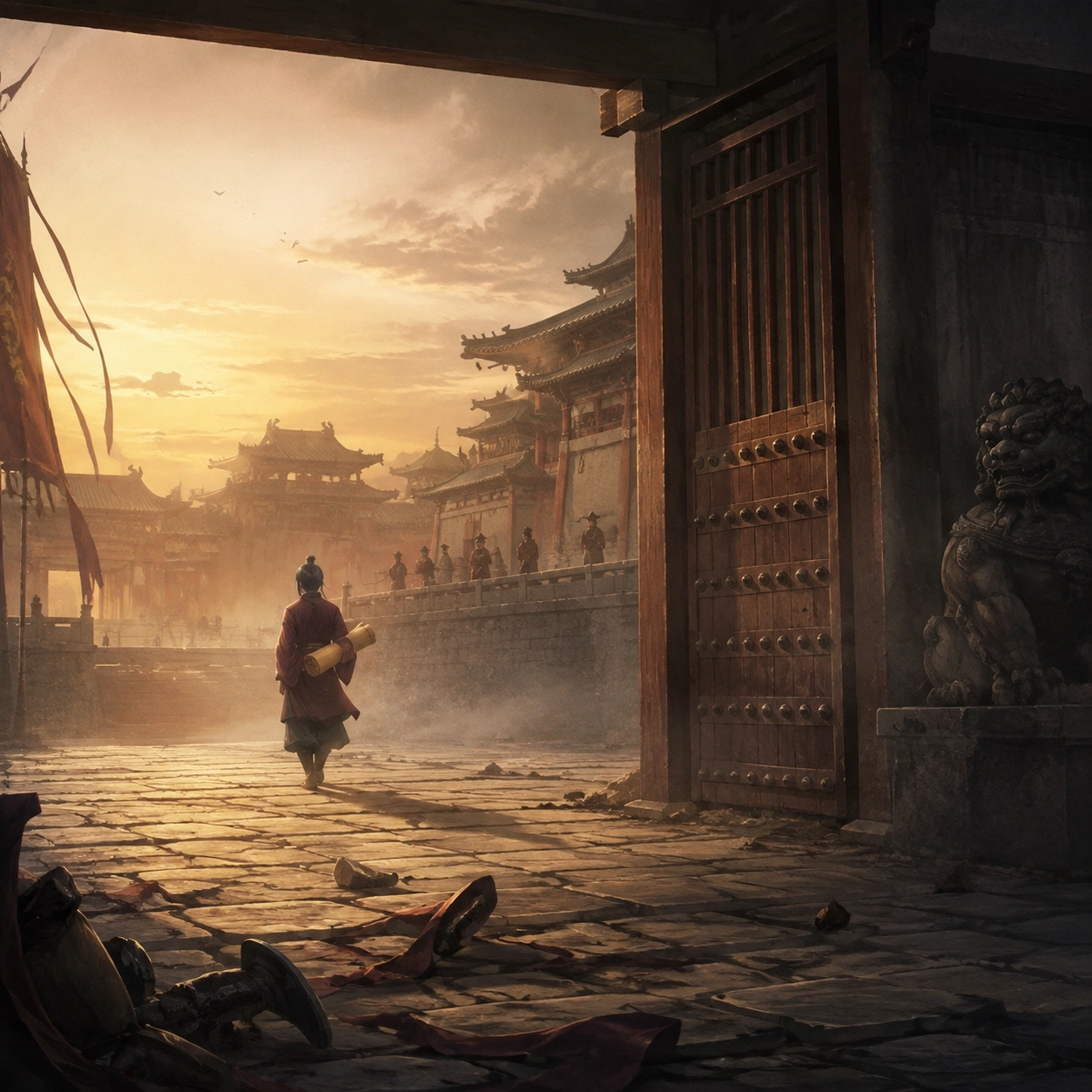 Original editorial image of a quiet Western Capital road after Yuying's fall, with sealed documents and distant officials