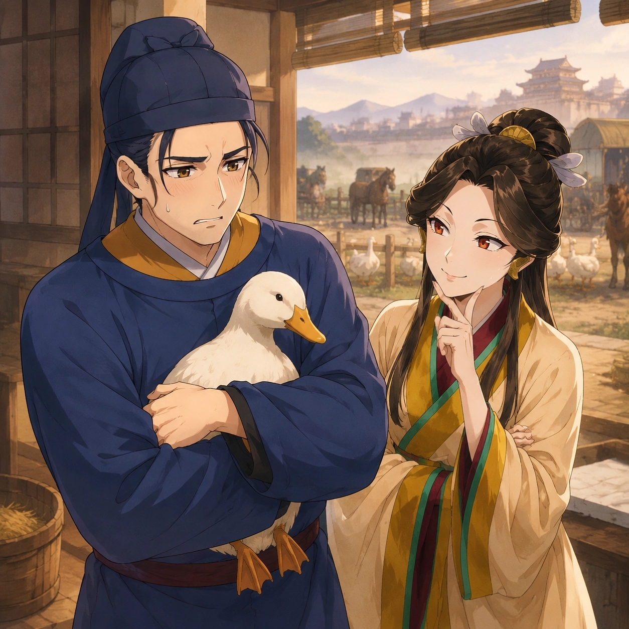 Basen and Mamei discuss the duck Shufu at a livestock yard