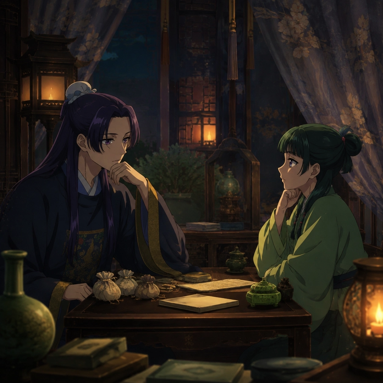 Jinshi and Maomao in a quiet late-night chamber with medicine and palace screens