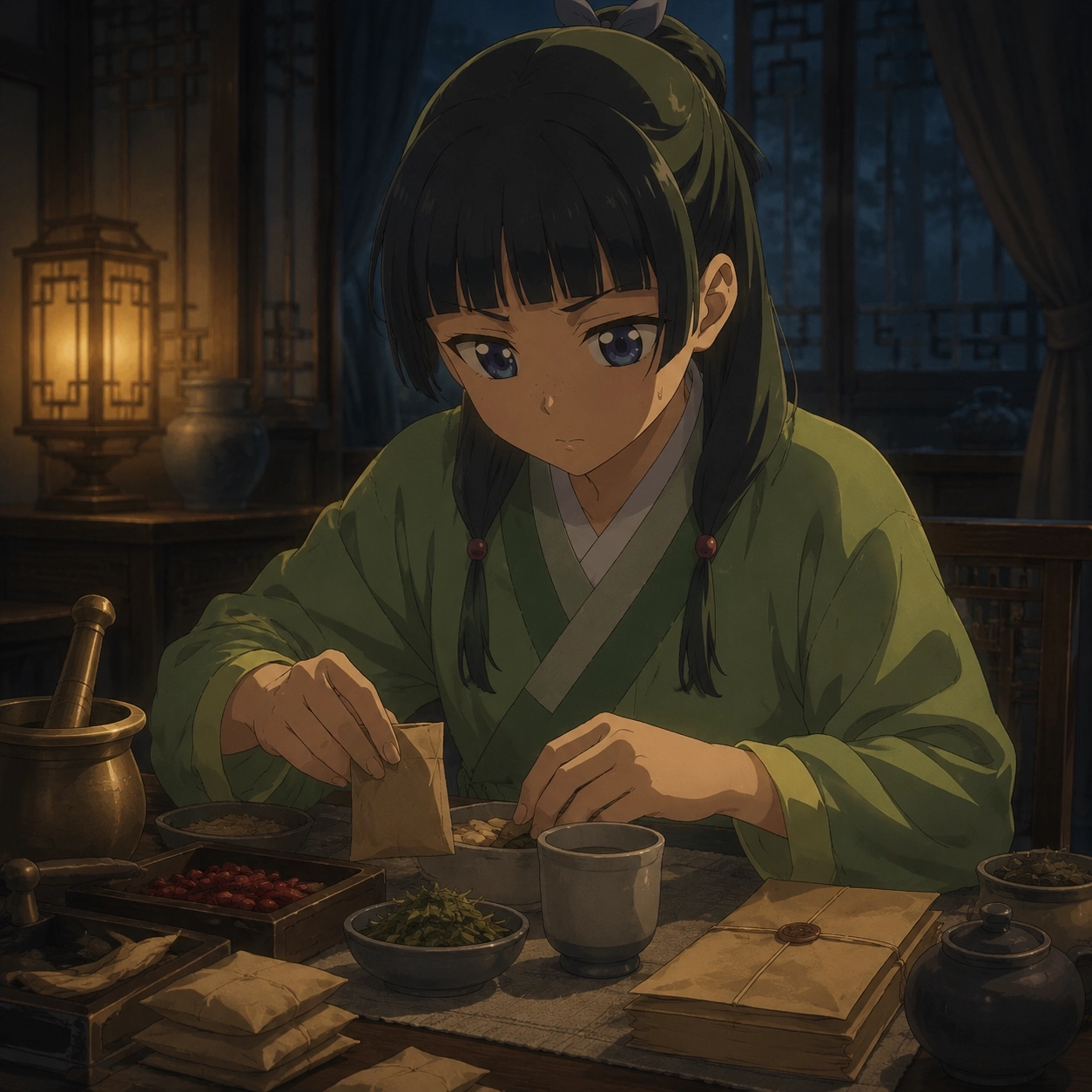Maomao's apothecary tools beside sealed palace papers and preventive medicine