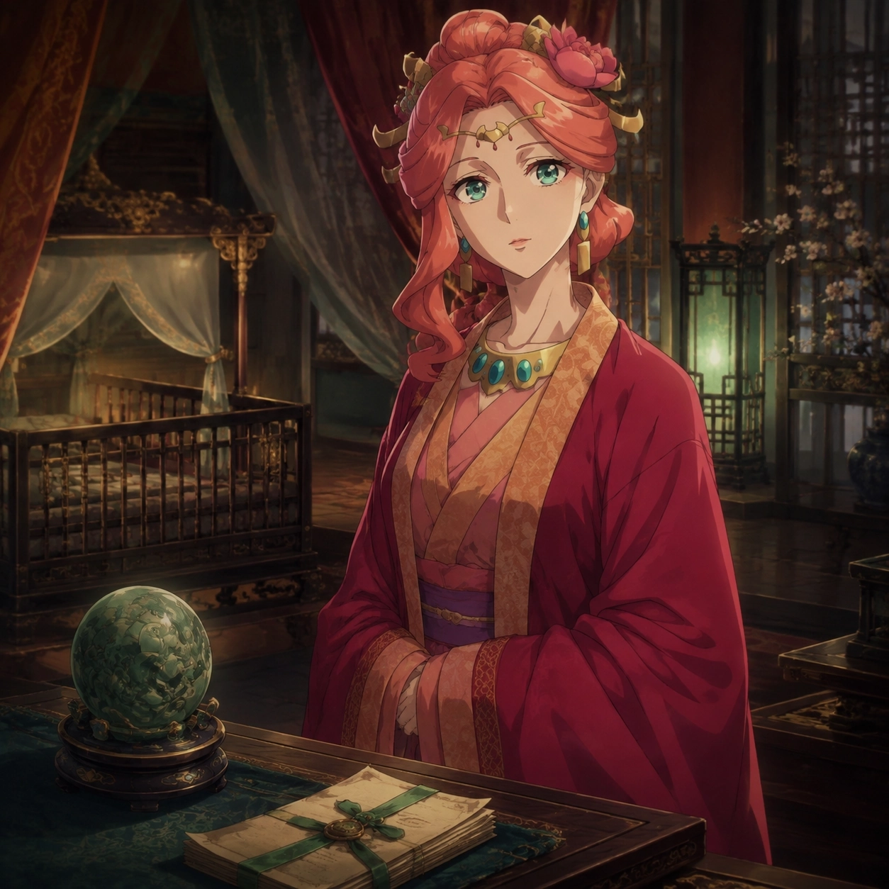 Gyokuyou's succession line represented by palace papers, jade color, and a court token