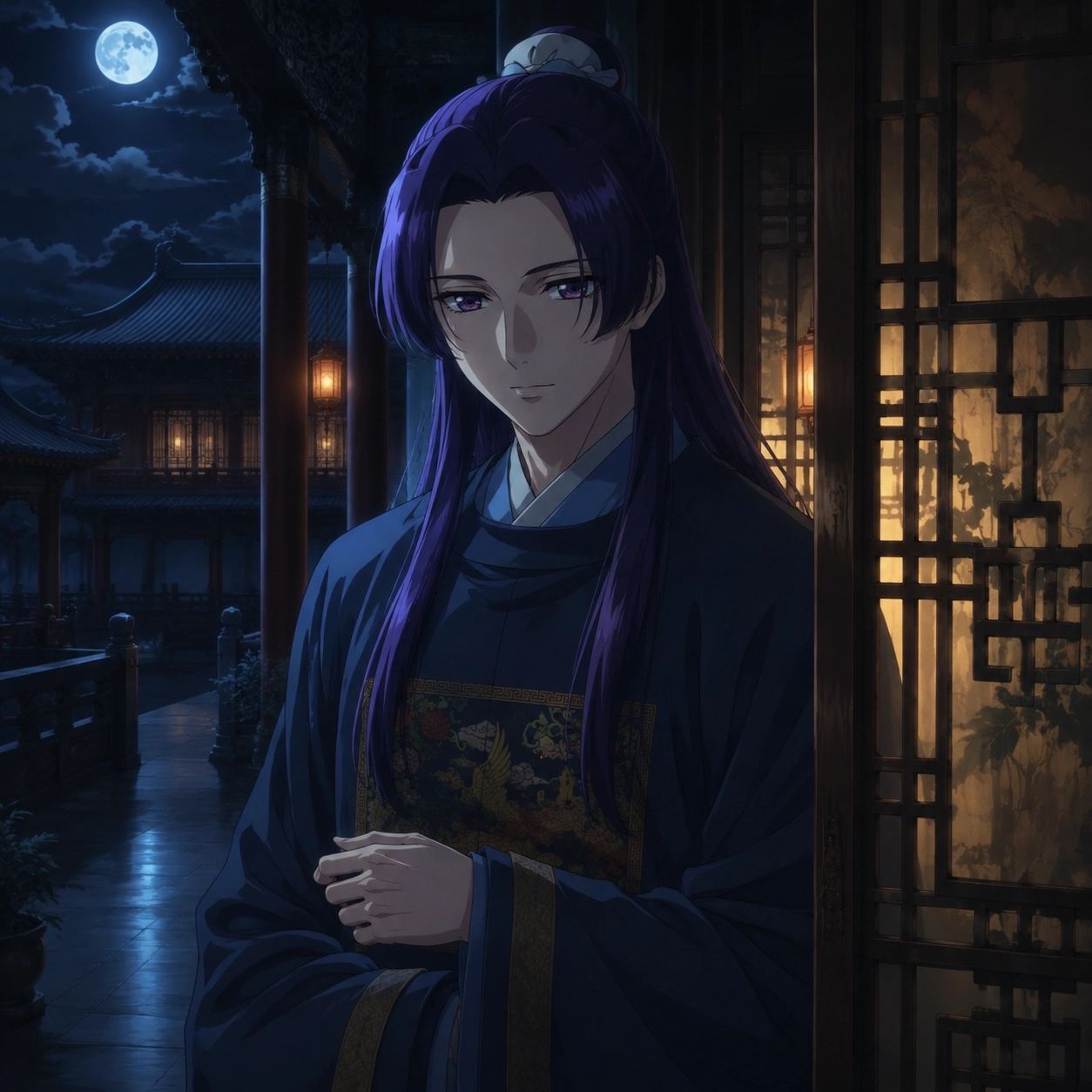 Jinshi alone in a moonlit palace corridor after sending Maomao away