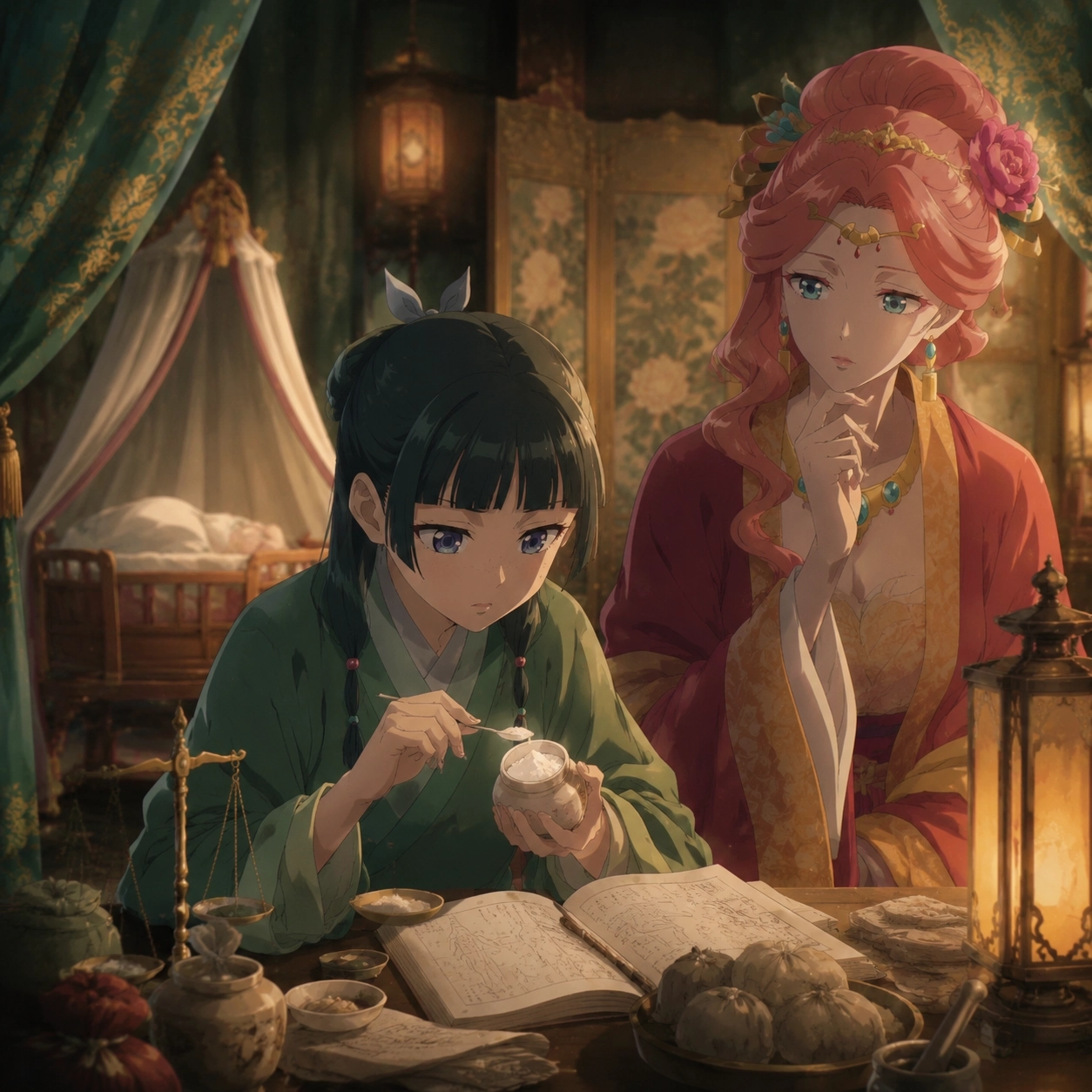 Original editorial image of Maomao examining medicine powder while Gyokuyou watches over the Jade Pavilion