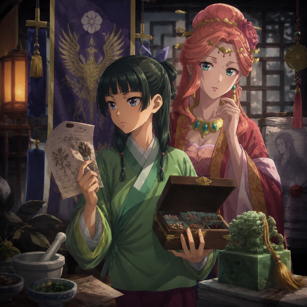 Original editorial image of Maomao standing between a medicine box and Gyokuyou's faction banner