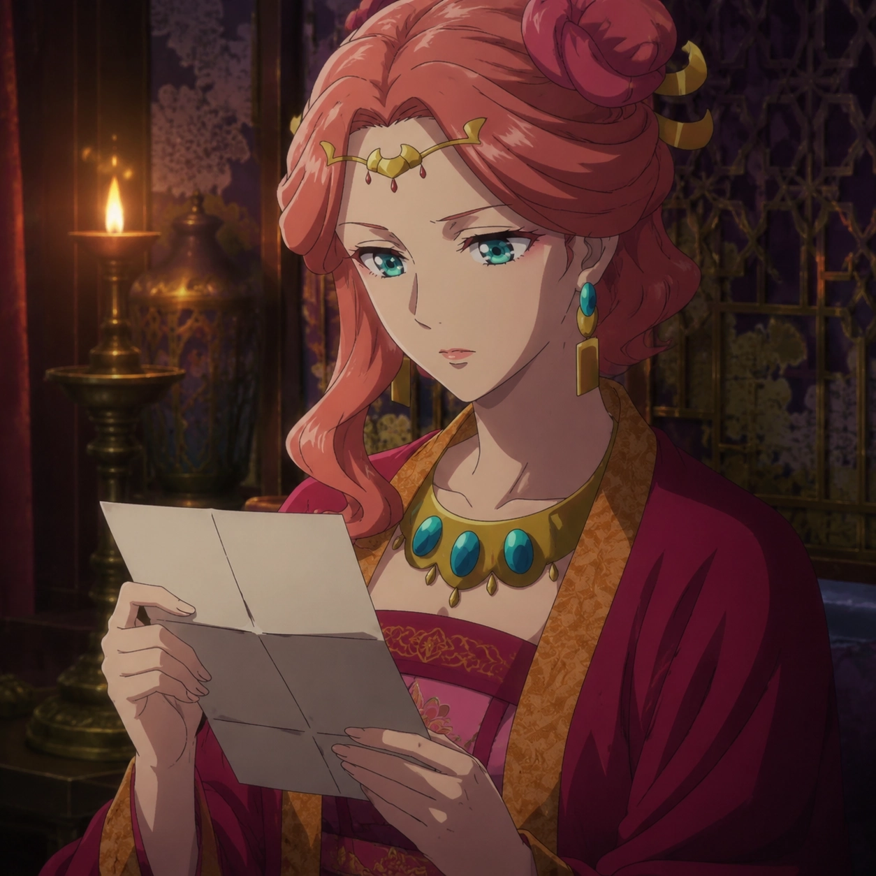 Original editorial image of Gyokuyou reading a family letter beside a guarded palace screen